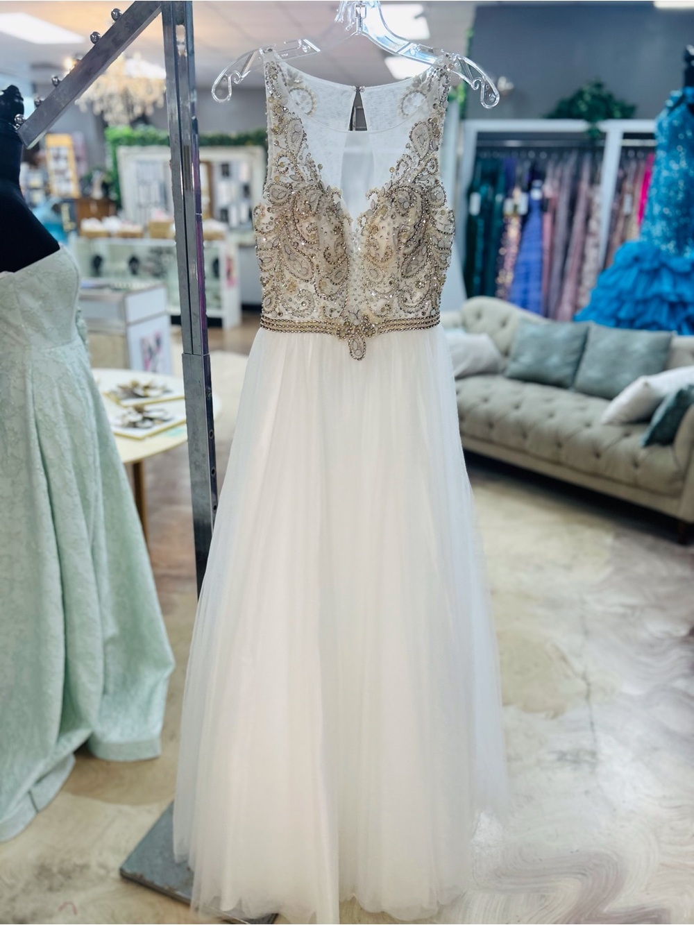 Ivory Tulle Prom Dress with Gold Beaded Bodice